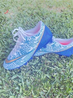 Kids Blue & White Soccer Sneakers with Gold Accents
